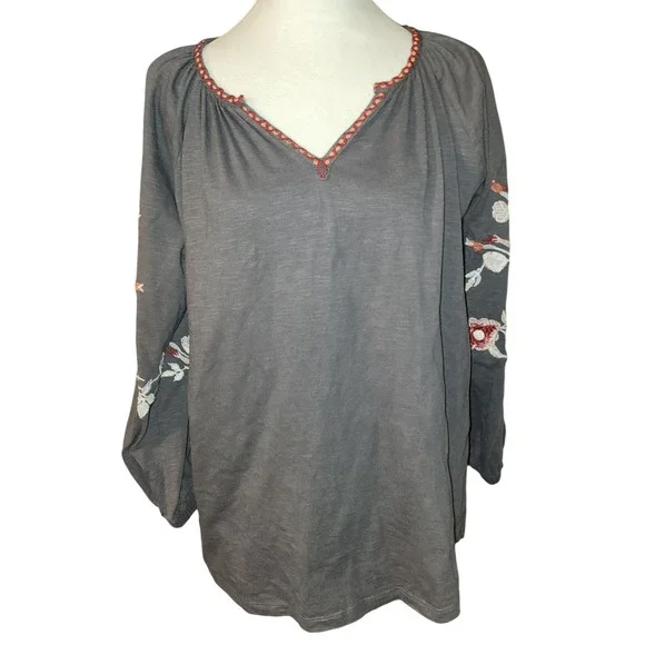 Cato Gray Floral Embroidered Long Sleeve Peasant Top Cotton V-Neck Blouse M - Picture 1 of 8